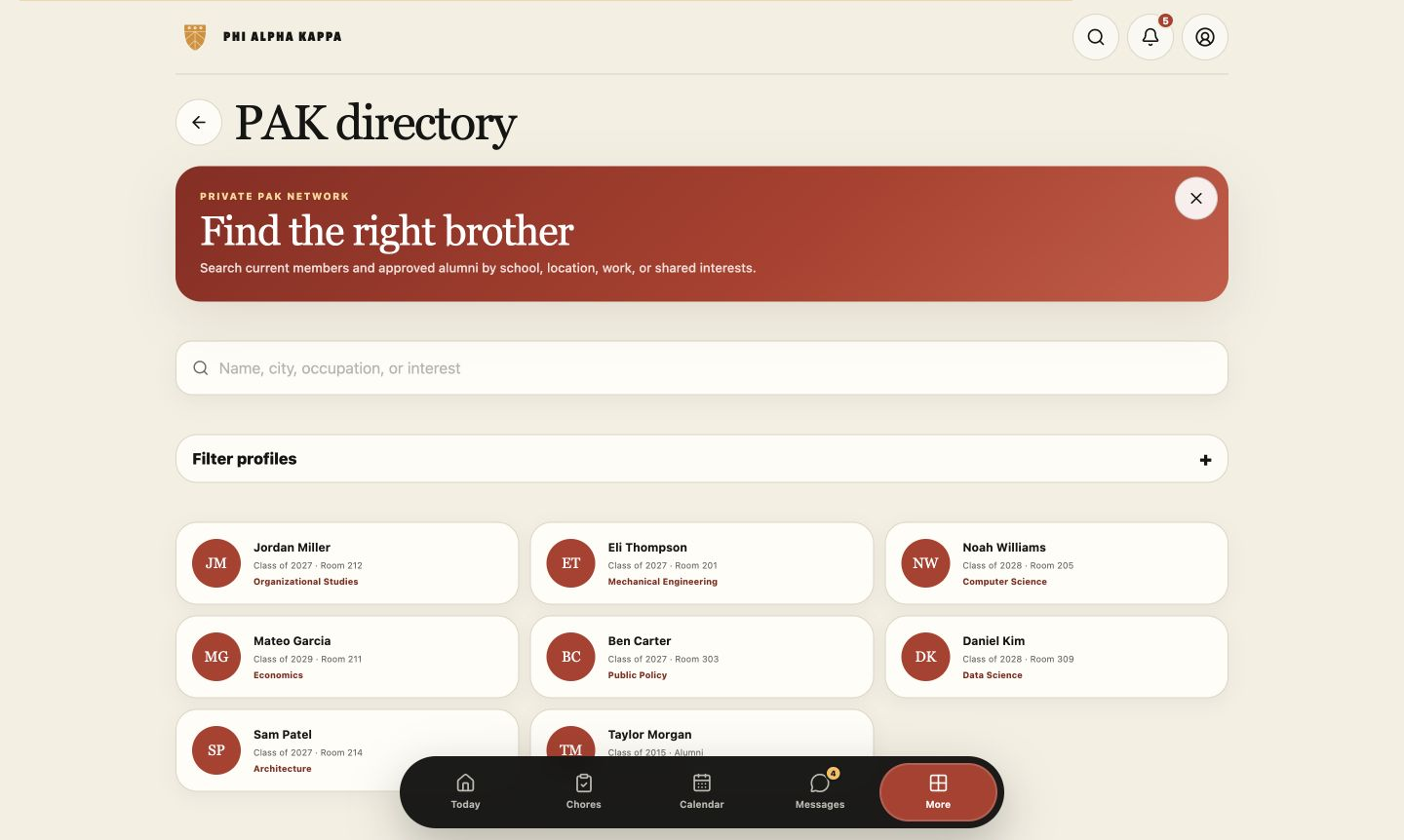 My Alpha Kappa desktop directory showing fictional current members and an alumnus